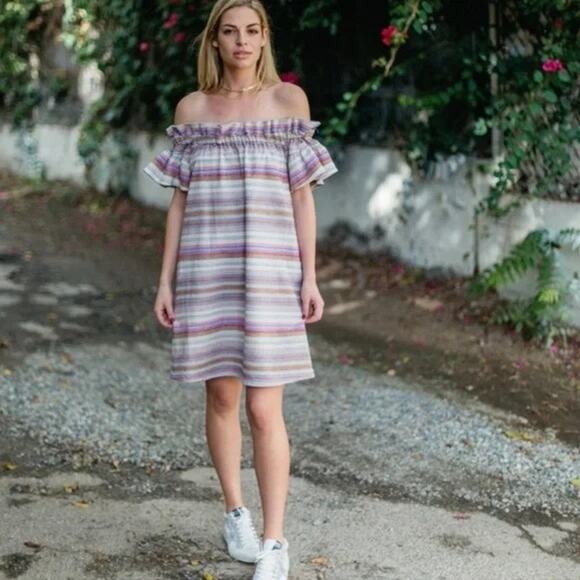 Corey Lynn Calter | Dion Yarn Dyed Off the Shoulder Stripe A-line Dress Pockets - Picture 11 of 12